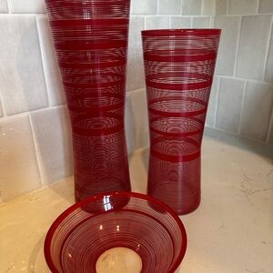 Orrefors Kostaboda Striped Red Glass Vase and Bowl Set